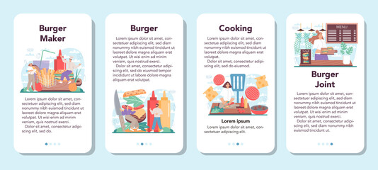 Fast food, burger house mobile application banner set. Chef