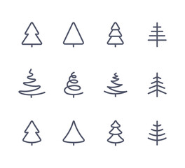 Obraz premium Merry Christmas Black Fir Trees Icons Set in Modern Style isolated on white background. Vector Illustration. Season Greetings winter simple logo collection