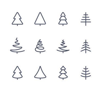 Merry Christmas Black Fir Trees Icons Set in Modern Style isolated on white background. Vector Illustration. Season Greetings winter simple logo collection