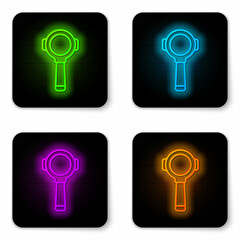 Glowing neon line Coffee filter holder icon isolated on white background. Black square button. Vector