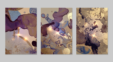Marble set of gold, violet and blue backgrounds with texture. Geode pattern with glitter. Abstract vector backdrops in fluid art alcohol ink technique. Modern paint with sparkles for banner, poster
