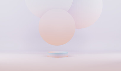 Minimal scene with podium and abstract background. Peach Fuzz is color trend of the Year 2024. Trendy 3d render for social media banners, promotion, cosmetic product show. Geometric shapes interior