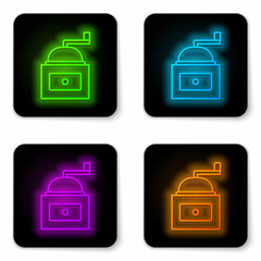 Obraz premium Glowing neon line Manual coffee grinder icon isolated on white background. Black square button. Vector