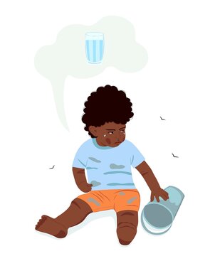 Drinking water scarcity, poor african child crying and thirsty. Vector flat illustration