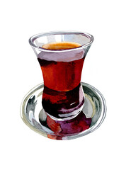 Turkish tea glass watercolor painting isolated on white background illustration for all prints.