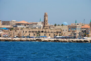 Fototapeta premium Old city Akko on the seashore. Panoramic landscape view of Acre Akko old city port Israel