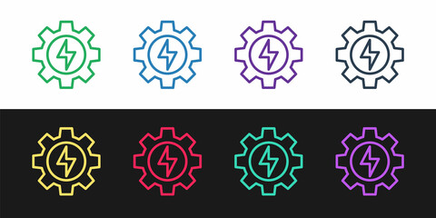 Set line Gear and lightning icon isolated on black and white background. Electric power. Lightning bolt sign. Vector