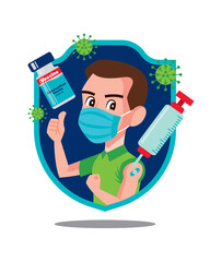 Man in shield wearing surgical mask showing vaccinated arm and thumb up hand sign. Syringe with needle and vaccine bottle floating around. Vaccination prevent against coronavirus COVID19