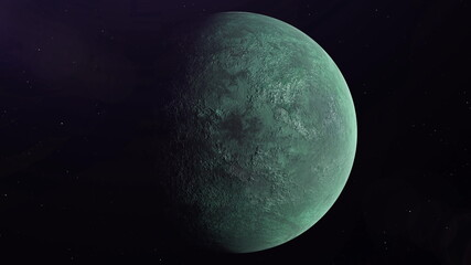 Alien Planet in Space rotating and drifting away, stars in background. 3d rendering