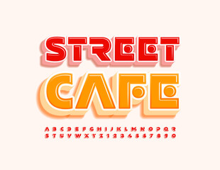 Vector trendy banner Street Cafe. Red 3D Font. Bright creative set of Alphabet Letters and Numbers