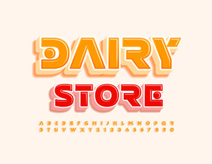 Vector business logo Dairy Store. Unique 3D Font. Yellow creative Alphabet Letters and Numbers set