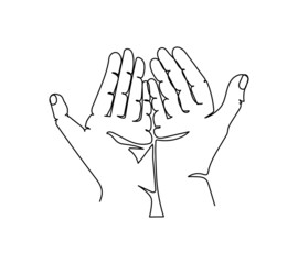 Hands giving gesture one line art. Continuous line drawing of gesture, hand, open palms, help.