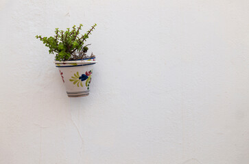 A traditional spanish flowerpot on a white wall