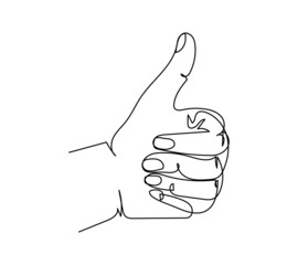 Thumb up gesture one line art. Continuous line drawing of gesture, left hand, gesture cool, like.
