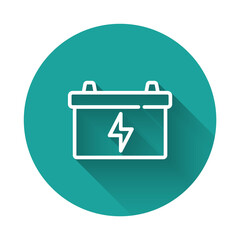 White line Car battery icon isolated with long shadow. Accumulator battery energy power and electricity accumulator battery. Green circle button. Vector