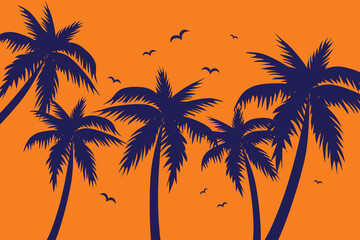 An evening on the beach with palm trees. Colorful picture for rest.  Palm trees at sunset. Orange sunset with blue palms. Vector illustration