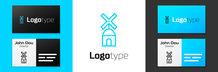 Fototapeta na wymiar Blue line Windmill icon isolated on white background. Logo design template element. Vector
