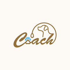 Dog walking service logo in line style on round from leash. Happy puppy training icon. Walk pet symbol in brown vector outline illustration. Simple Cartoon animal logotype.