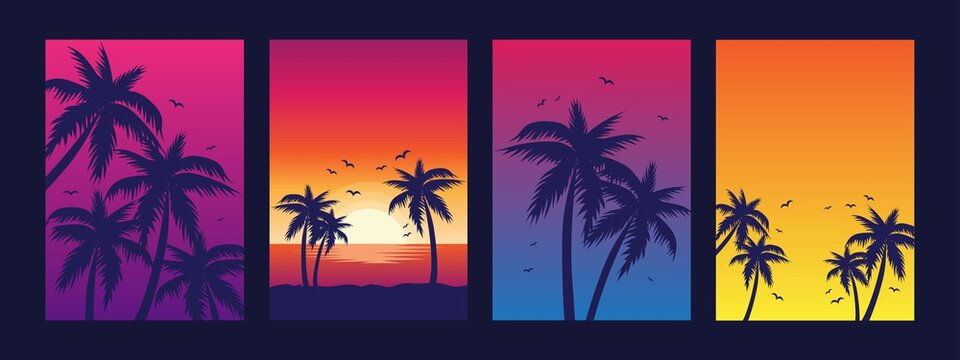 Colorful summer banners, tropical backgrounds set with palms, sea, clouds, sky, beach. Beautiful summer time cards, posters, flyers, party invitations. Summertime vector template collection. 