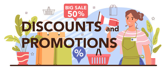 Discount promotion typographic header. Commercial activities process