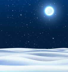 Obraz na płótnie Canvas Vector realistic night winter background with snow fields and blue sky with moon glowing.