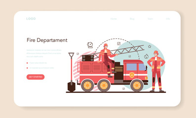 Firefighter web banner or landing page. Professional fire brigade