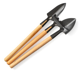 Gardening tools isolated on white background, top view