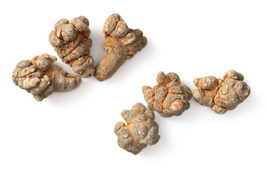 Dried Panax notoginseng roots isolated on white background, top view
