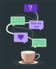 Coffee cup conversation. Chat clouds. Coffee break, morning lunch date. Editable vector illustration