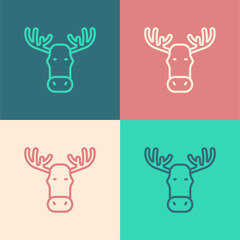 Pop art line Moose head with horns icon isolated on color background. Vector