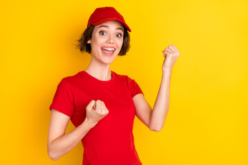 Profile photo of nice hooray brown hair lady hands fists wear t-shirt isolated on yellow color background