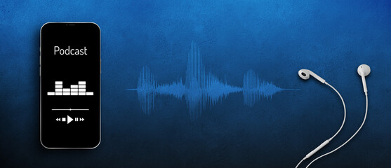 Podcast blue background. Podcast app on smartphone screen with earphones, sound waveform and copy space 