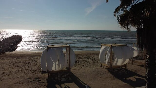 Palm tree sandy beach sunset.