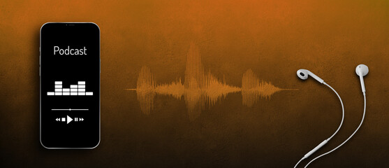 Podcast brown banner background. A smartphone screen displaying a podcast app with earphones and...