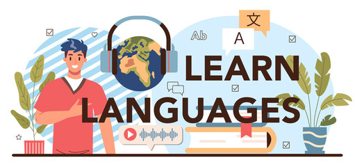 Learn languages typographic header. Professor teaching foreign languages.