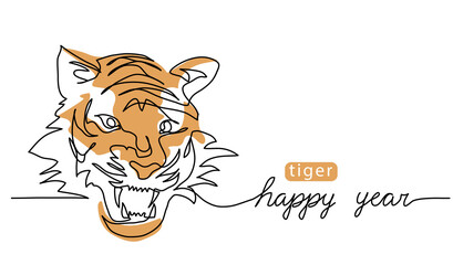 Roaring tiger head. One continuous line art drawing. Color vector illustration, banner, poster, background. Asian new year greeting