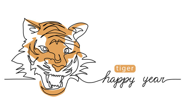 Roaring tiger head. One continuous line art drawing. Color vector illustration, banner, poster, background. Asian new year greeting