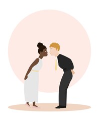 Interracial couple married kiss marriage. Bride and groom Style flat. 
