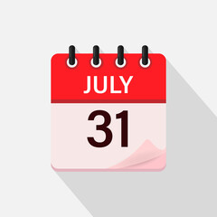 July 31, Calendar icon with shadow. Day, month. Flat vector illustration.