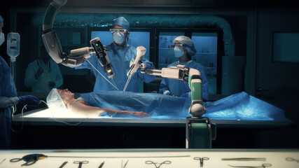 Team of surgeons wearing special augmented reality glasses perform a delicate operation using medical surgical robot arms. Modern medical equipment. Robotic arm for minimal invasive surgery.
