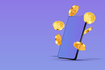 Dollars gold coins  flying next to phone on purple background