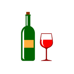 Wine bottle and wine glass. Vector icon