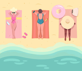 Pretty women sunbathing lying on towels. Young women in swimsuit and hat relaxing on the beach with sun cream, phone, slippers, rubber ring, bag and bottle. Summer concept vector flat illustration.