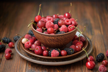 Close-up colorful berries. Assorted mix of raspberry, blackberry, gooseberry and sweet cherry. Selective focus