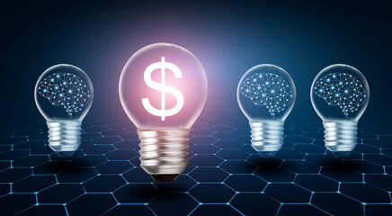 Money making idea dollar symbol a light bulb with a brain inside thinking of earning money