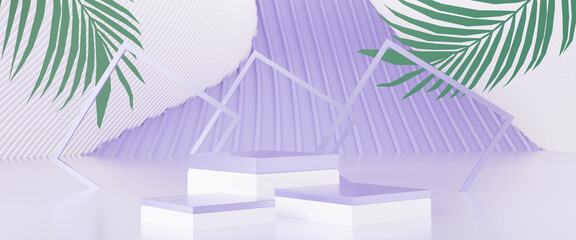 Podium and platforms white and blue mockup,with plant palm leaf product display background,tropical summer concept minimal,abstract scene with geometric form,product advertising,3d render