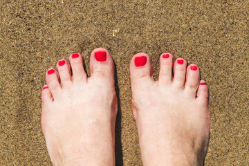female feet with red pedicure stand on the sea sand.