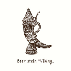 Beer stein "Viking". Ink black and white doodle drawing in woodcut style.