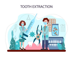 Dentist concept. Dental doctor in uniform extracting human tooth