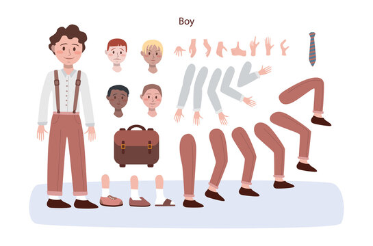 Child character animation set. Boy of school age with various views